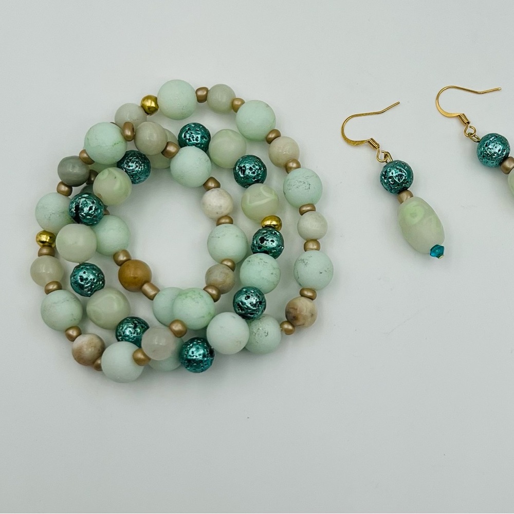 Triple Strand Repurposed Glass Bead, Lava Stone and Seed Bead Bracelet & Earring